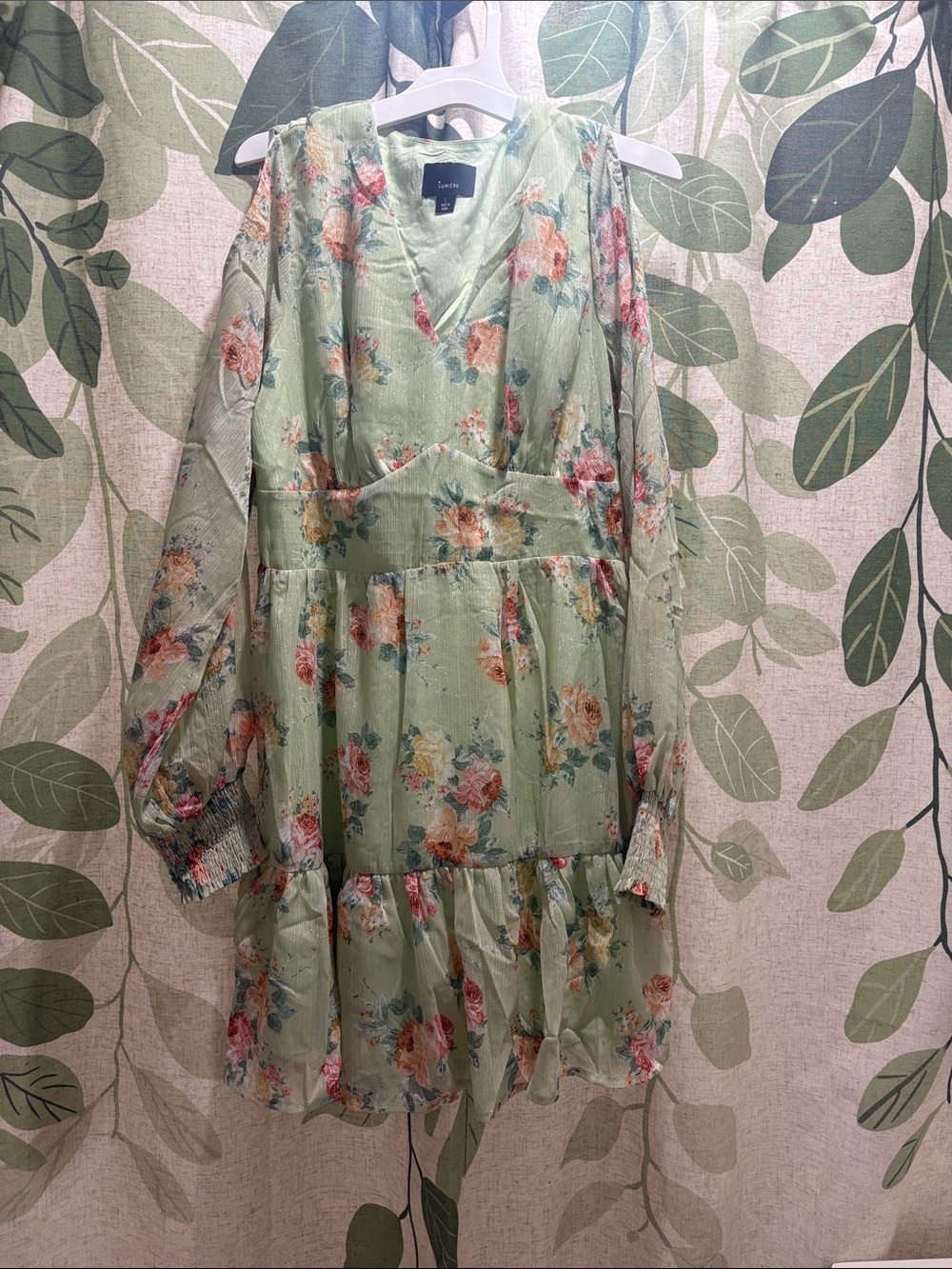 Lumière Light Green Floral V-Neck Tiered Dress